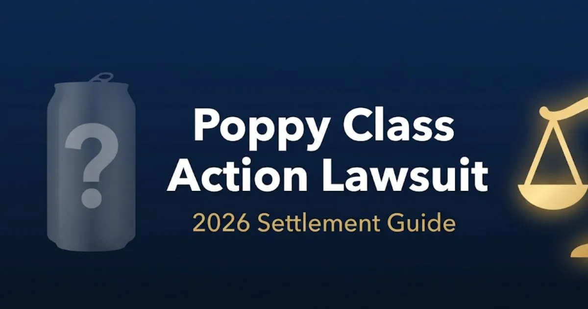 Poppy class action lawsuit 2026 settlement guide banner with legal scale icon on navy background