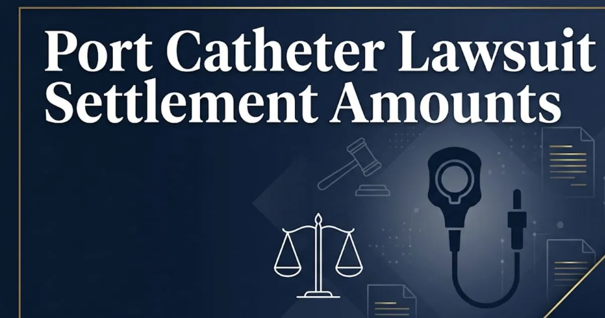 Port catheter lawsuit settlement amounts 2026 banner with legal symbols and device silhouette
