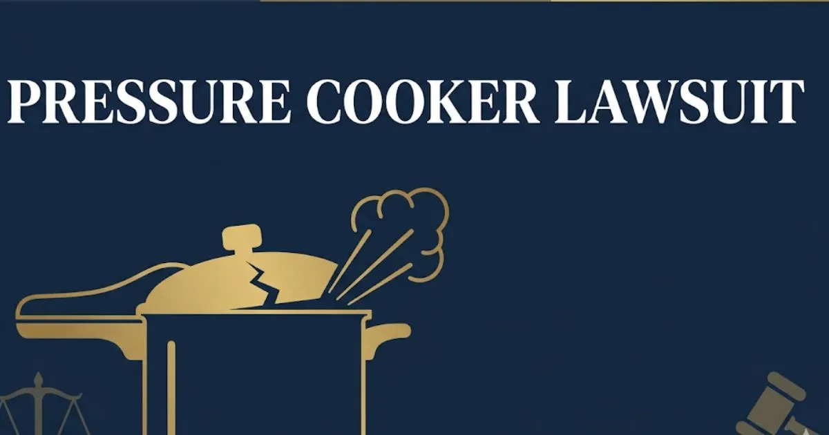 Pressure cooker lawsuit 2026 blog banner with legal symbols and cooker silhouette