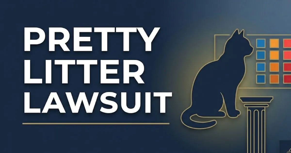 Pretty litter lawsuit 2026 blog banner with navy background, gold gavel, and cat silhouette highlighting false health claims