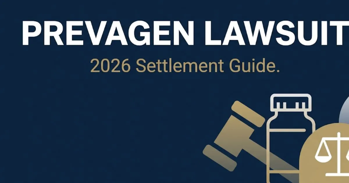 Prevagen lawsuit 2026 settlement guide banner with legal icons, gavel silhouette, and bold headline text on navy background