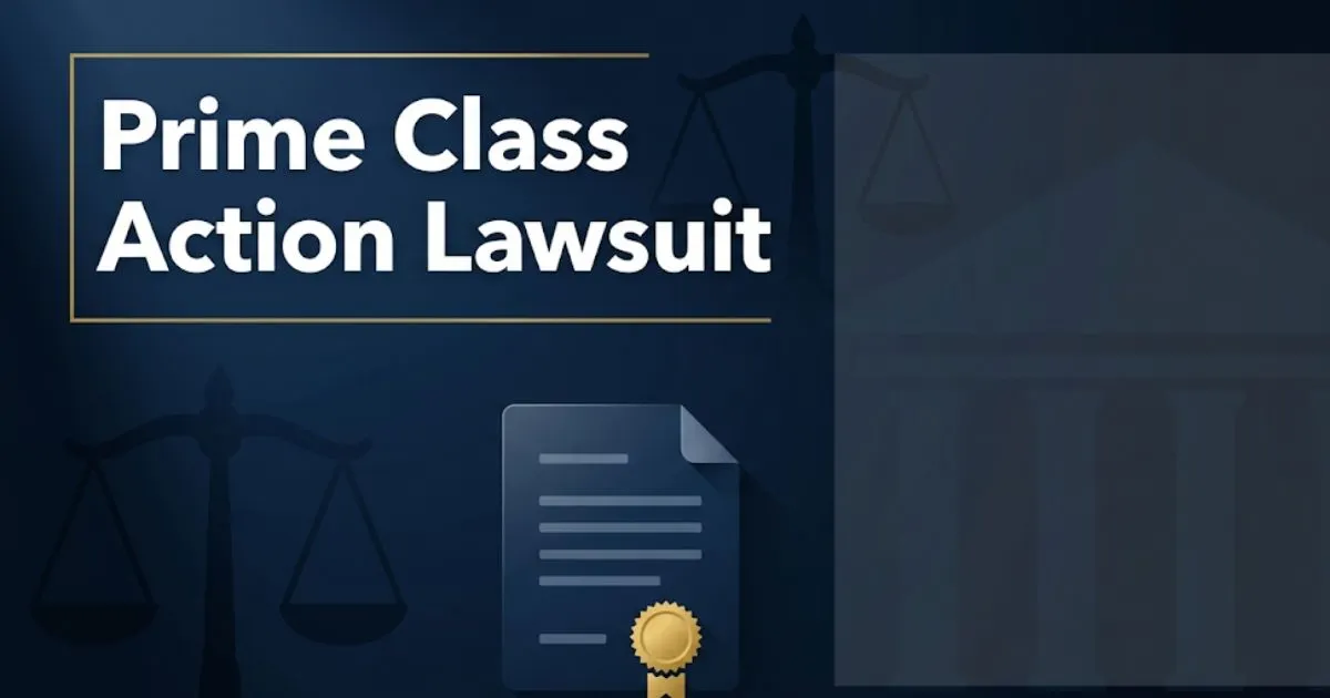 Prime class action lawsuit 2026 settlement guide banner with legal scales and navy background