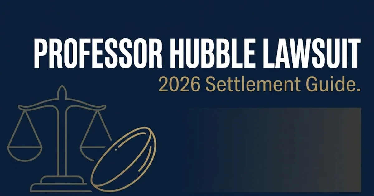 Professor Hubble lawsuit 2026 settlement guide banner with legal scale icons on navy background