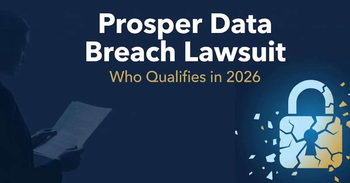 Prosper data breach lawsuit 2026 hero banner with cracked lock icon and settlement eligibility headline text