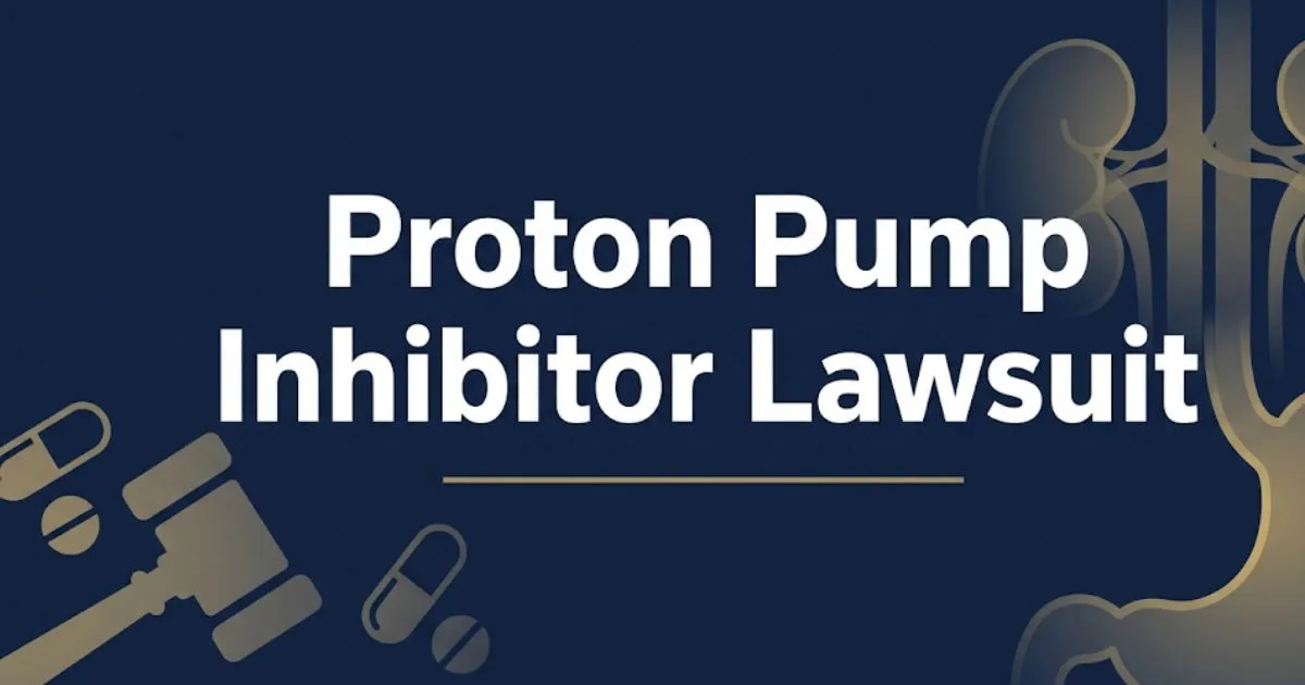 Proton pump inhibitor lawsuit 2026 banner with gavel and medical icons on navy background