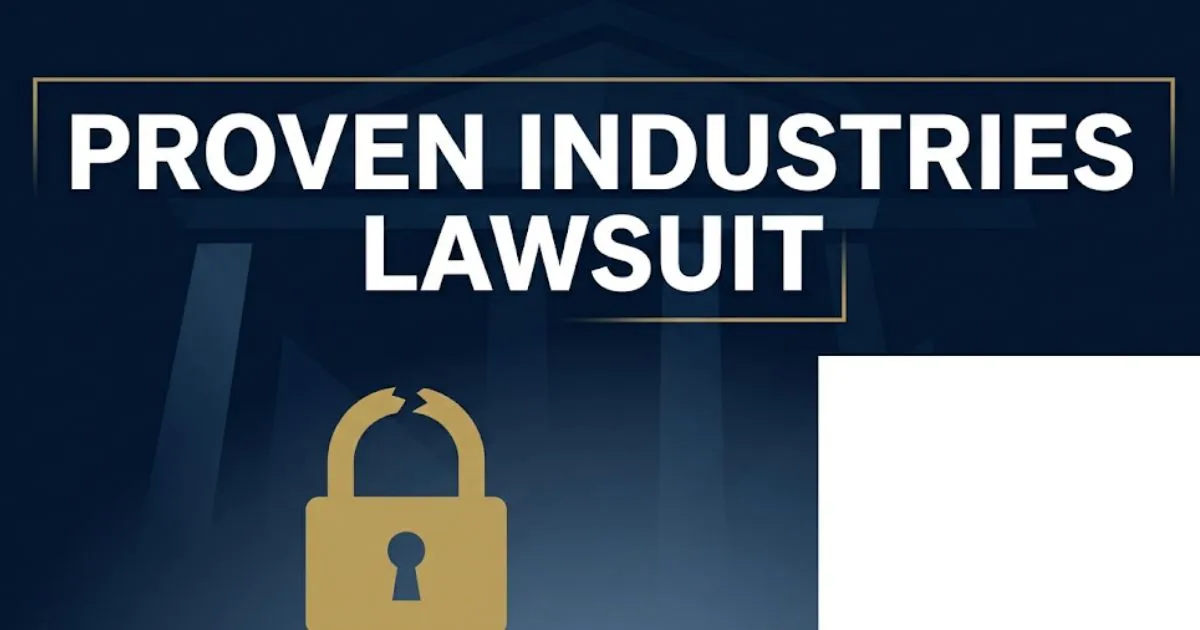 Proven Industries lawsuit 2026 hero banner with broken padlock silhouette and legal theme on navy background