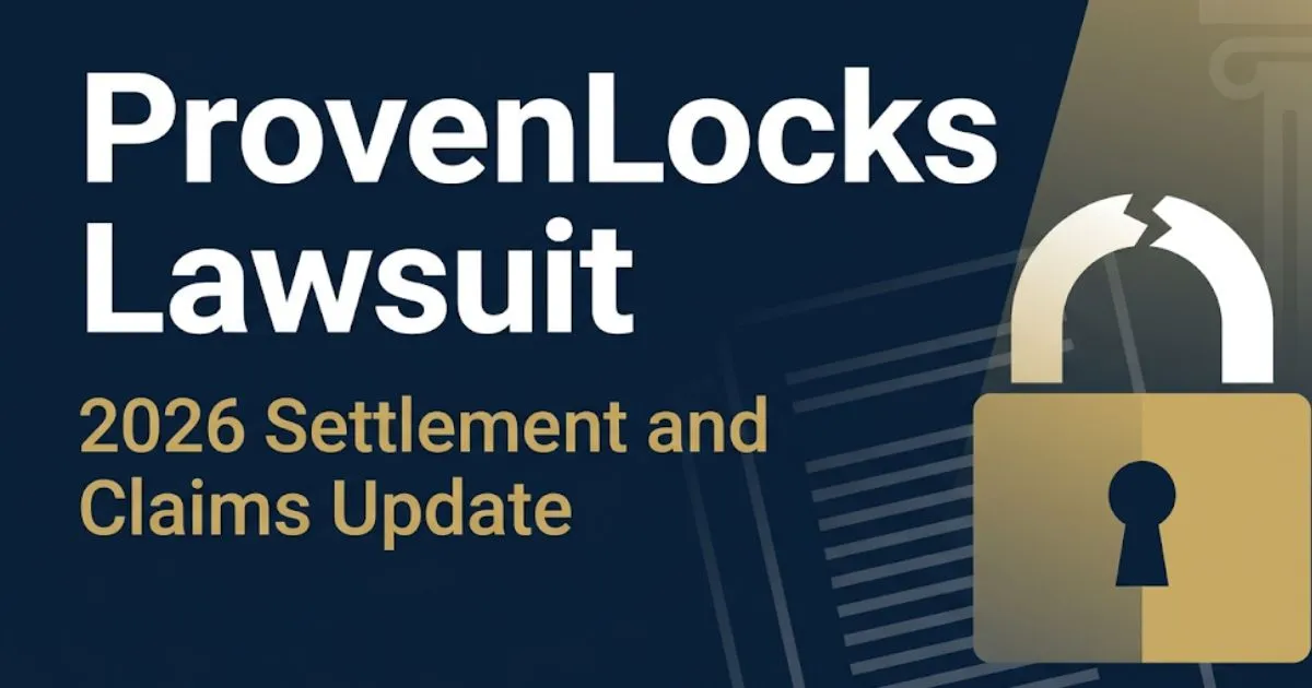ProvenLocks lawsuit 2026 settlement and claims update hero banner with broken padlock silhouette on navy background