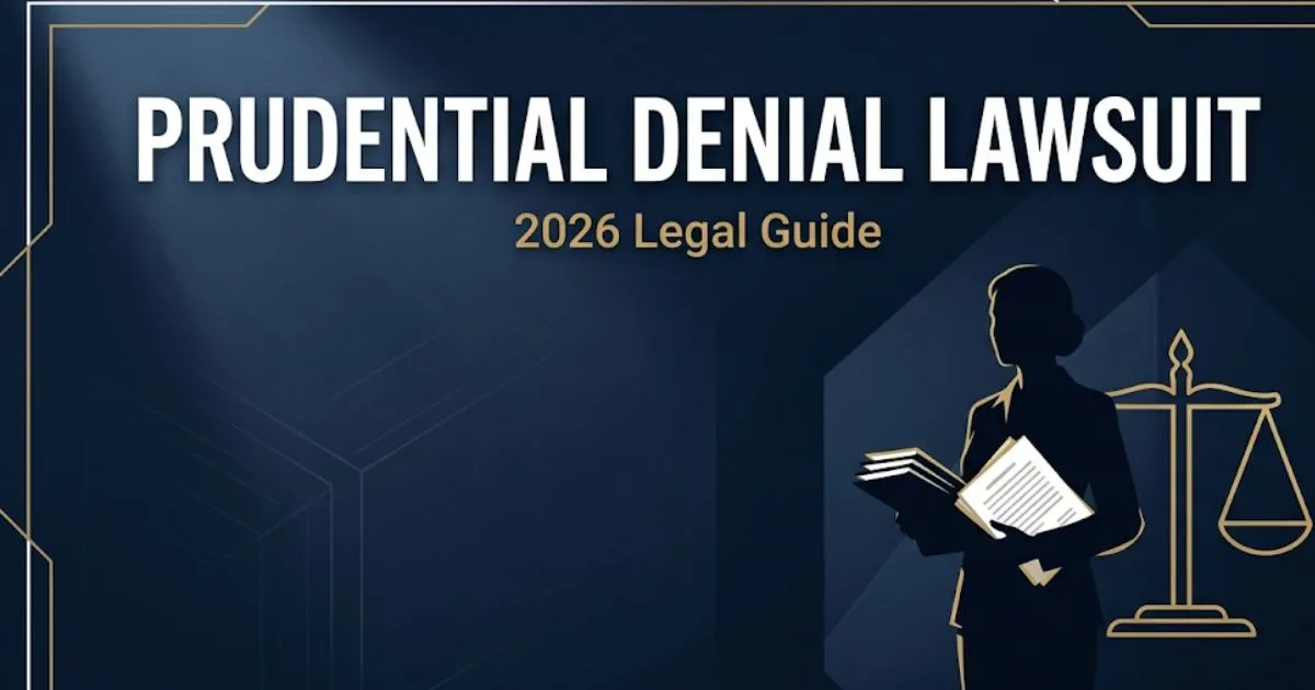 Prudential denial lawsuit 2026 legal guide banner with scales of justice and silhouette figure on navy background