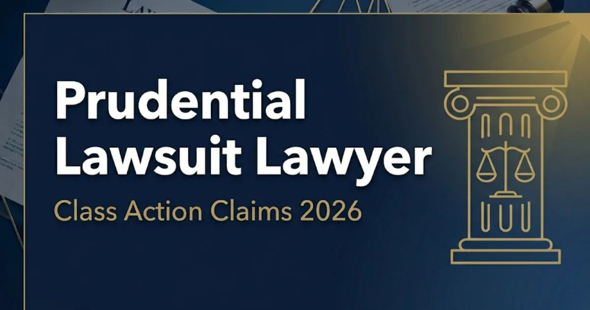 Prudential lawsuit lawyer legal banner with courthouse scales and class action 2026 headline on navy background