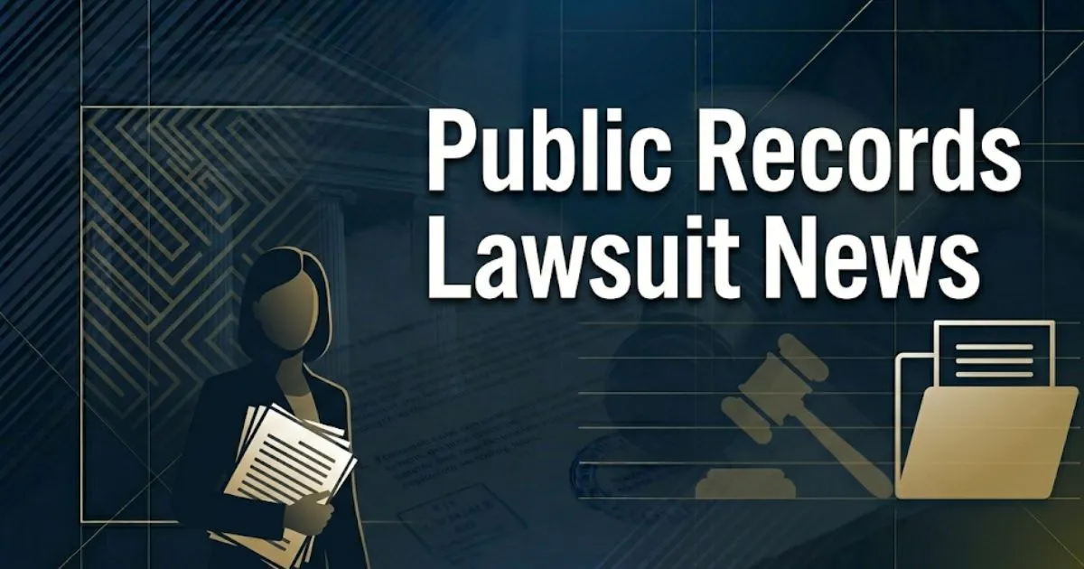Public records lawsuit news 2026 banner showing legal documents, gavel icon, and court silhouette on deep navy background