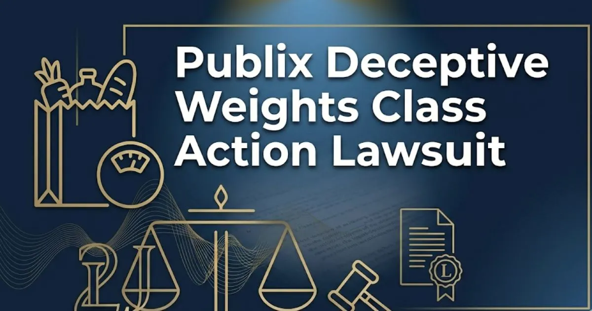 Publix deceptive weights class action lawsuit 2026 guide banner with grocery scale legal icon on navy background