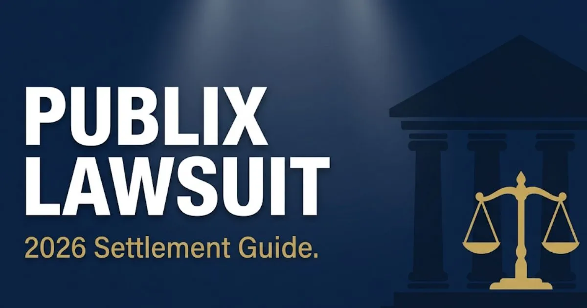 Publix lawsuit 2026 legal banner showing courthouse silhouette and settlement guide headline in navy and gold