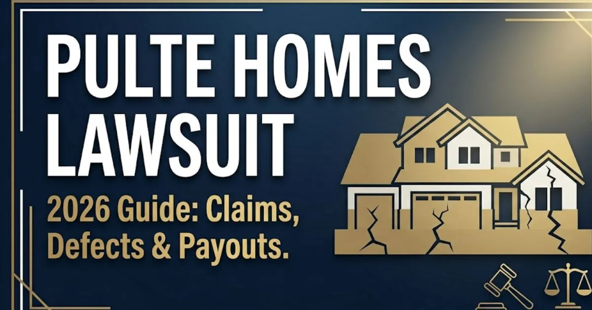 Pulte Homes lawsuit 2026 guide banner showing cracked house silhouette and legal symbols on navy background