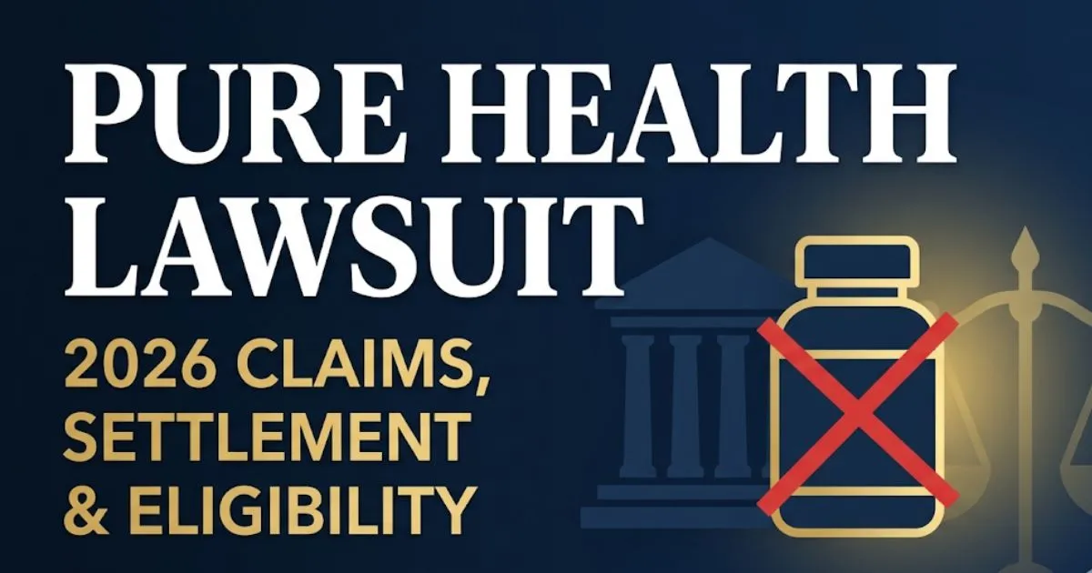 Pure health lawsuit 2026 banner showing legal icons and settlement claim details on navy background