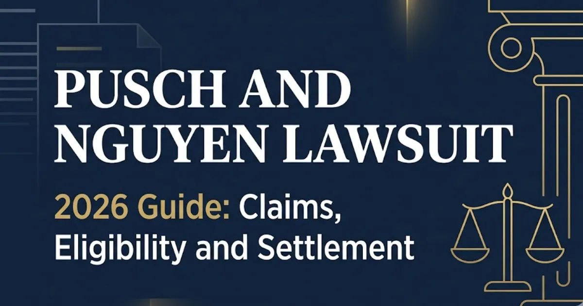 Pusch and Nguyen lawsuit 2026 guide banner showing legal scale and courthouse symbols on navy background