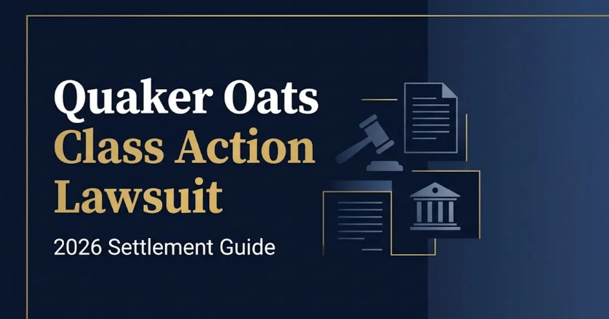 Quaker Oats class action lawsuit 2026 settlement guide banner with legal icons and gavel on navy background
