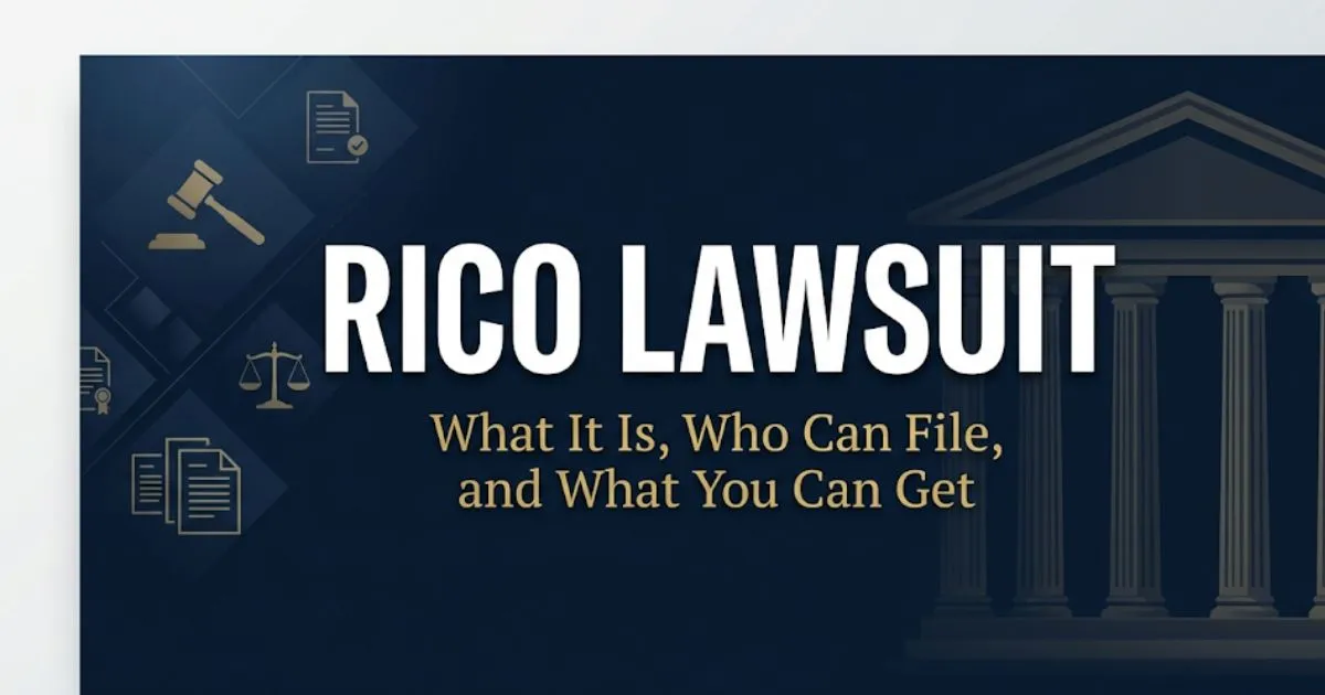 RICO lawsuit guide 2026 showing legal symbols, courthouse silhouette, and bold headline text on navy background