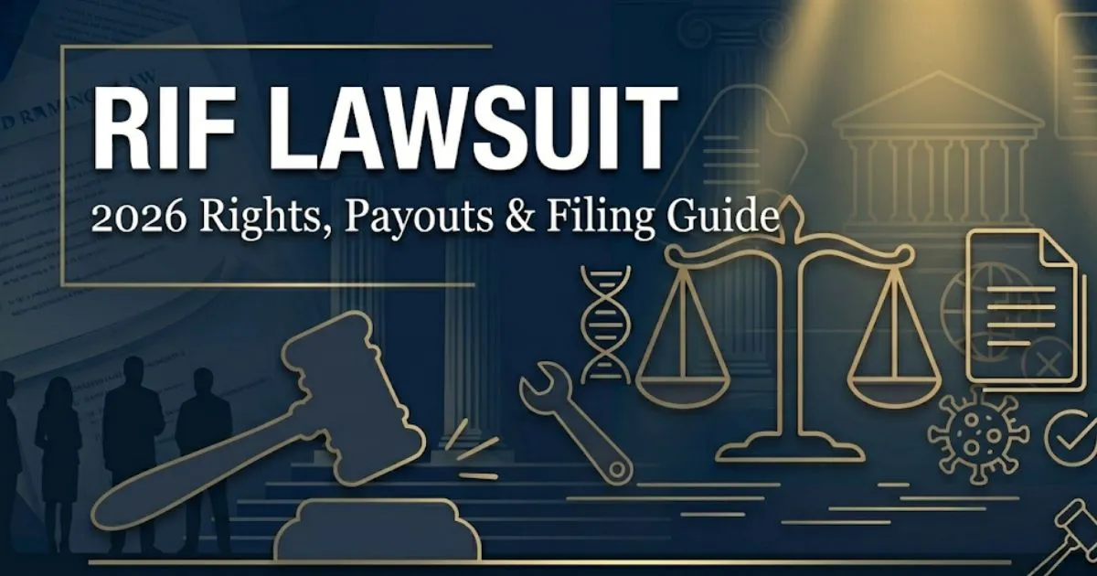 RIF lawsuit 2026 guide banner showing legal scales and courthouse silhouette with bold headline text