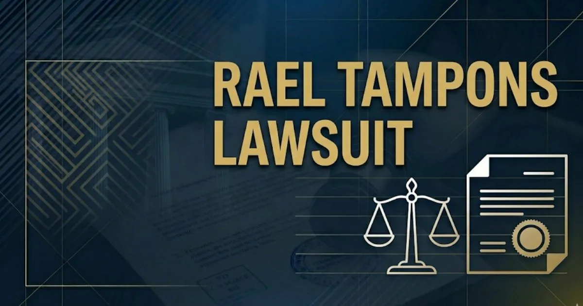 Rael tampons lawsuit blog banner with gold legal scale icons and bold headline text on dark navy background