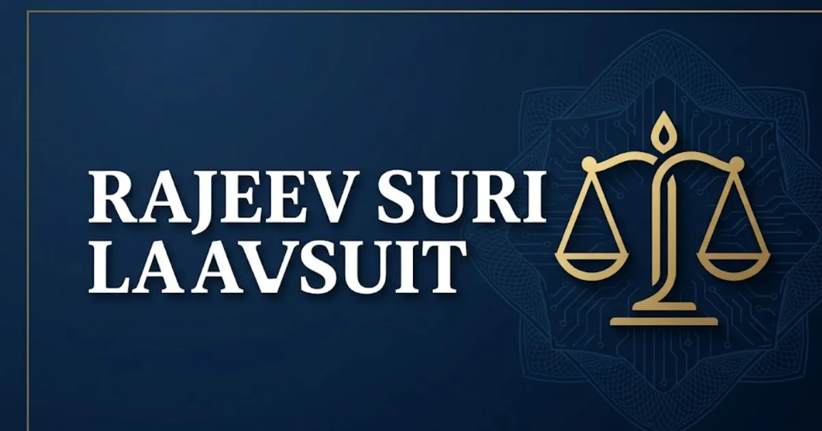 Rajeev Suri lawsuit 2026 editorial banner with justice scale icon and legal themed navy and gold design