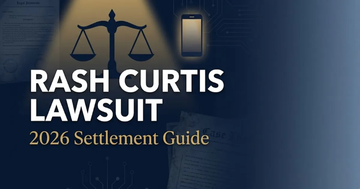 Rash Curtis lawsuit 2026 settlement guide banner with legal scales and cell phone silhouette on navy background