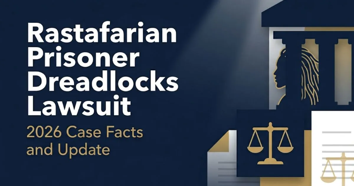 Rastafarian prisoner dreadlocks lawsuit 2026 guide banner with silhouette figure and legal symbols on navy background