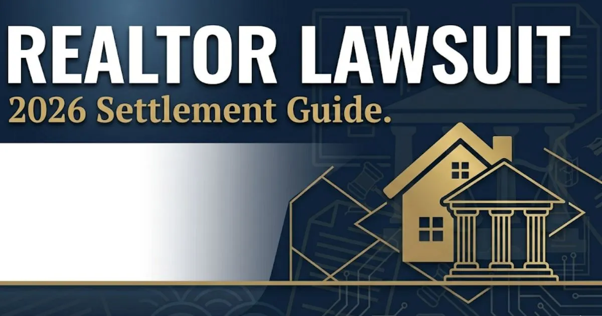 Realtor lawsuit 2026 settlement guide banner with house silhouette and courthouse icons on navy backgroundRealtor lawsuit 2026 settlement guide banner with house silhouette and courthouse icons on