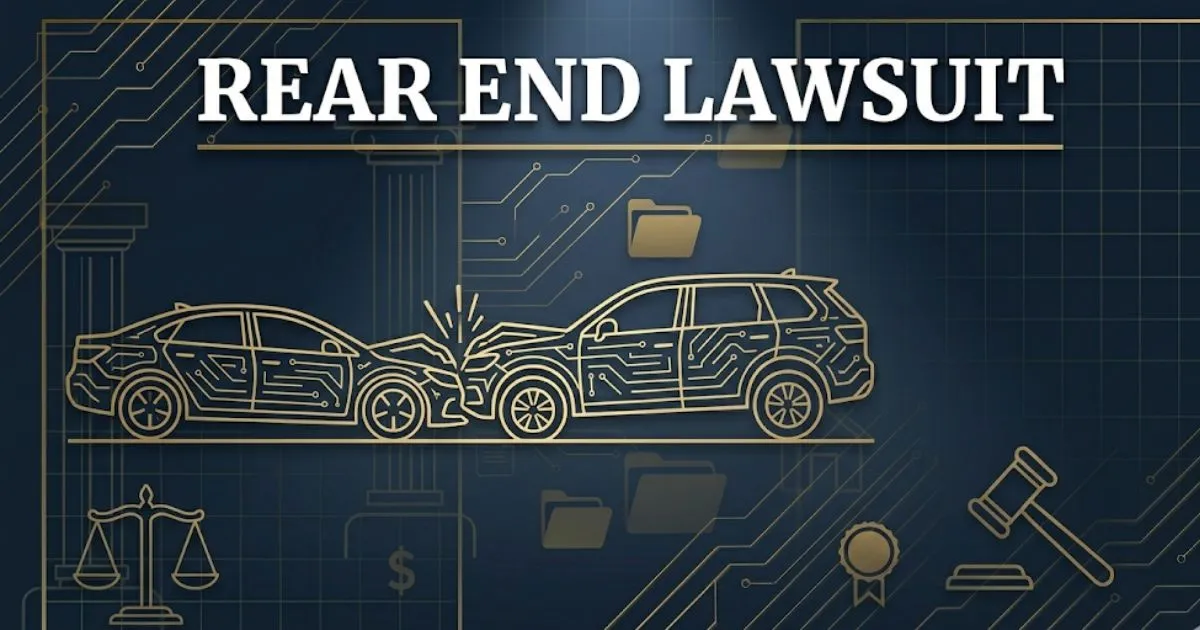 Rear end lawsuit banner with collision silhouette and legal symbols in navy and gold design