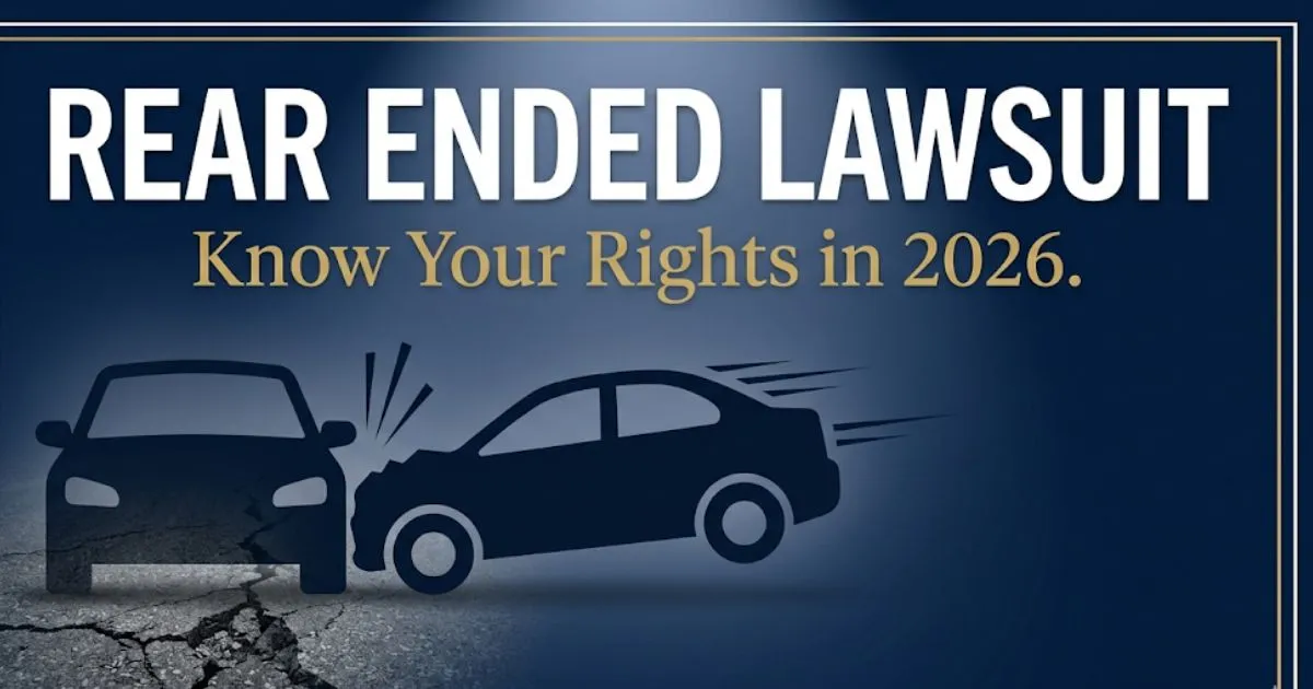 Rear ended lawsuit guide 2026 showing two cars in collision silhouette with bold headline text on navy background