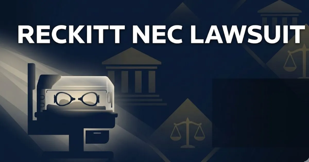 Reckitt NEC lawsuit 2026 legal banner with courthouse silhouette and scales of justice on navy background
