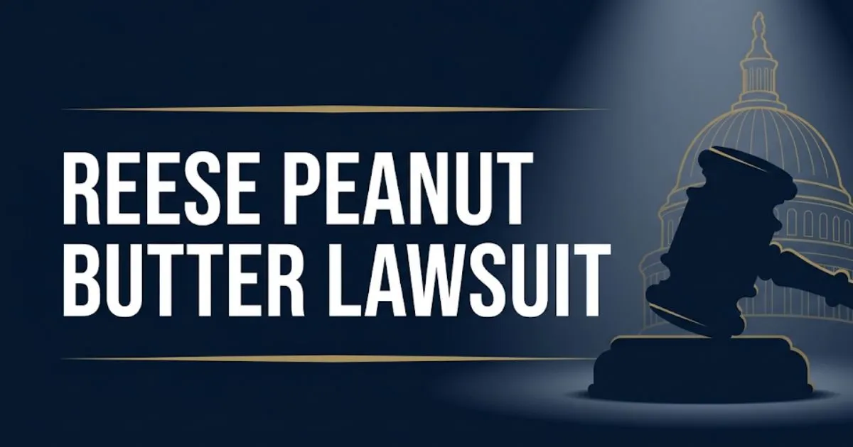 Reese peanut butter lawsuit 2026 guide banner with legal gavel and courthouse silhouette on navy background