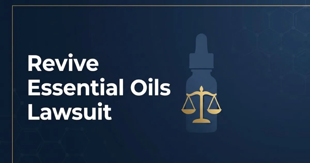 Revive Essential Oils Lawsuit 2026 legal banner with dropper bottle and gold legal scale on navy background