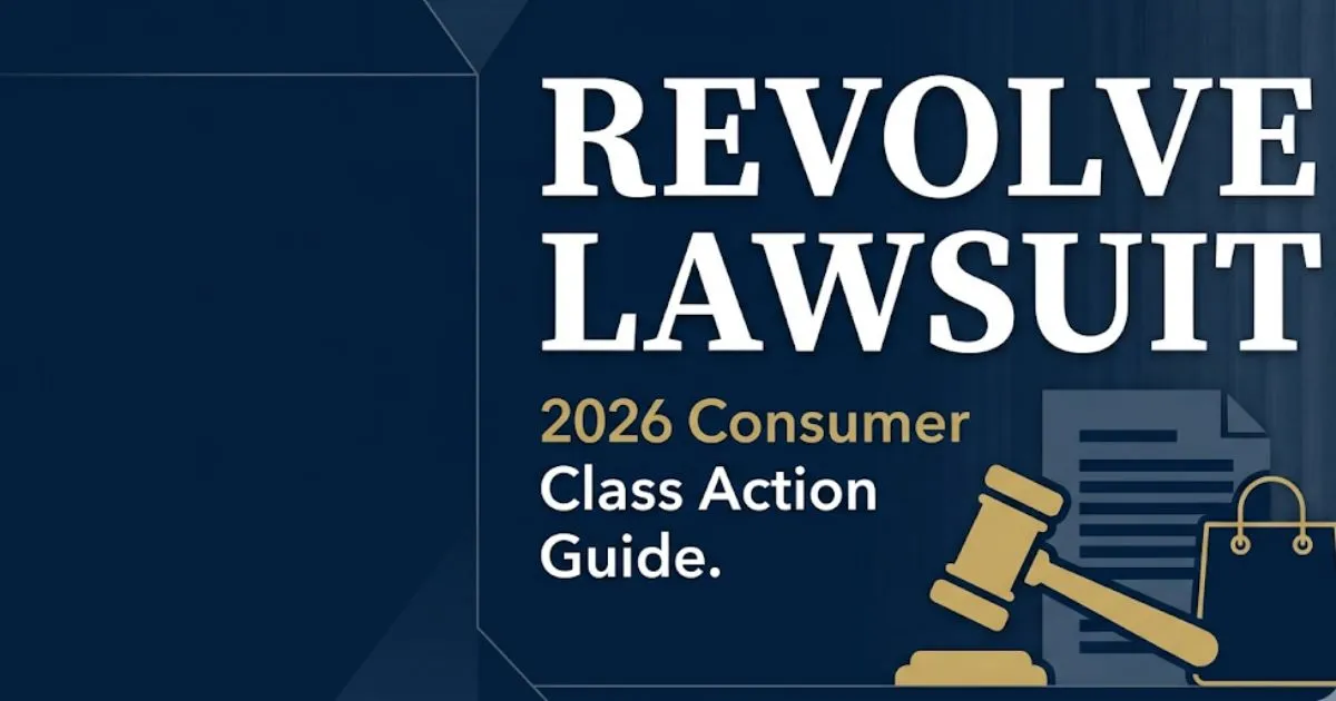 Revolve Lawsuit 2026 blog banner with legal gavel and shopping bag icons on navy background