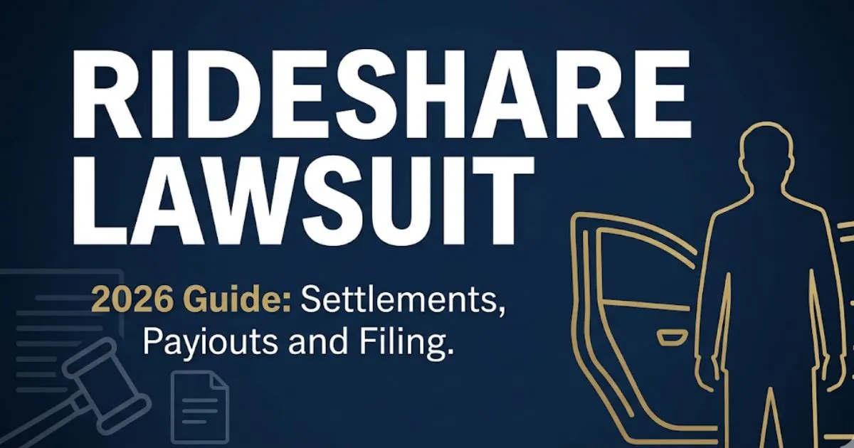 Rideshare lawsuit 2026 guide banner showing legal icons, silhouette figure, and bold headline text on navy background