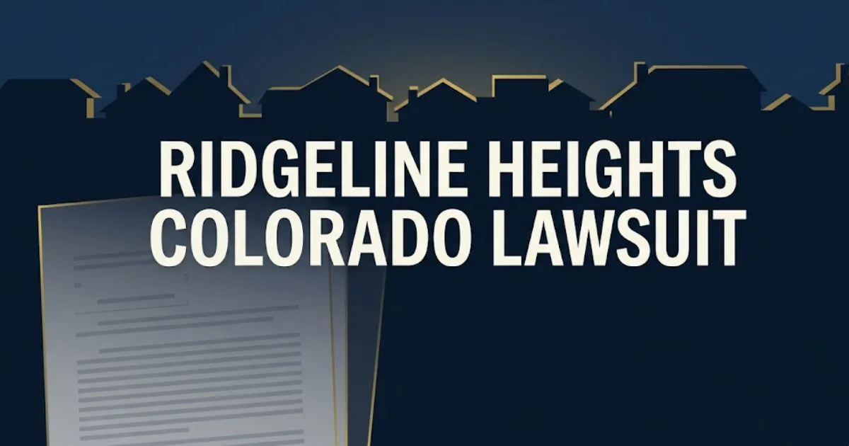 Ridgeline Heights Colorado Lawsuit 2026 guide banner showing residential rooftines and legal documents on navy background