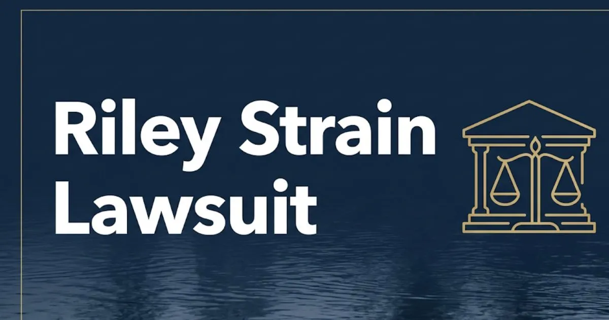 Riley Strain lawsuit 2026 case update banner showing courthouse silhouette and legal scales on navy background