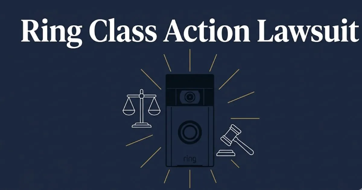Ring class action lawsuit 2026 blog banner with doorbell icon and legal symbols