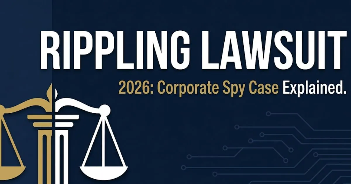 Rippling lawsuit 2026 corporate spy case banner with legal scales and courthouse icons on navy background