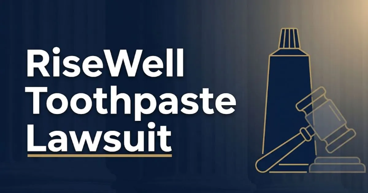 RiseWell Toothpaste Lawsuit 2026 banner showing legal gavel and toothpaste silhouette icons on navy background