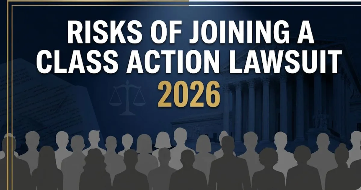 Risks of joining a class action lawsuit 2026 hero banner with courthouse silhouette and legal scale icon