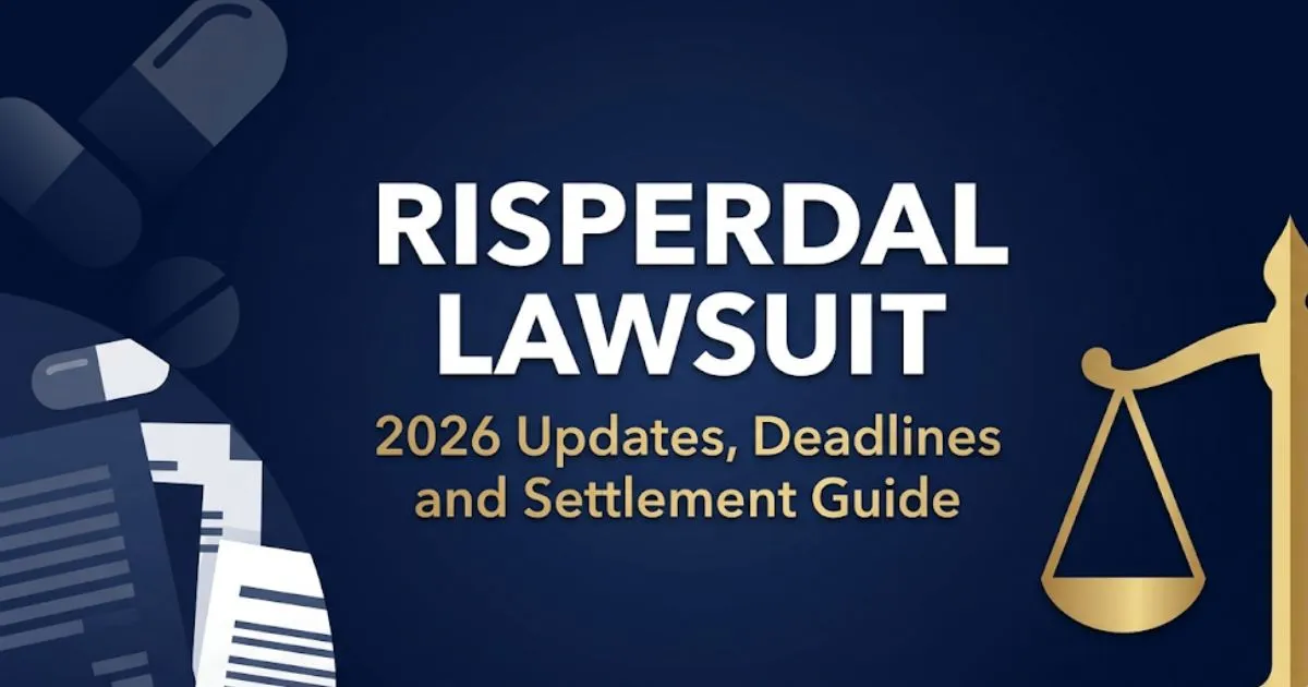 Risperdal lawsuit 2026 hero banner showing legal scales, key deadlines, and settlement information on navy background