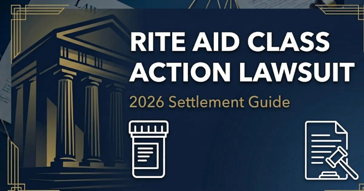 Rite Aid class action lawsuit 2026 settlement guide banner with courthouse silhouette, gavel, and legal document icons