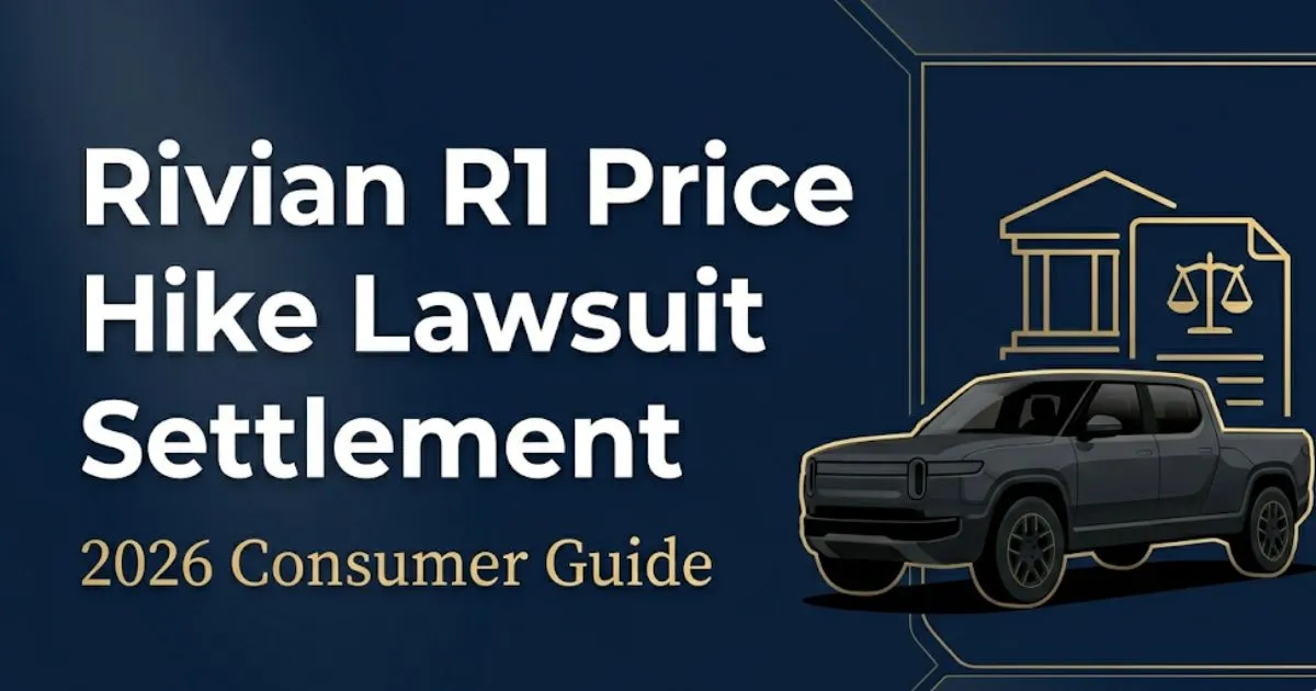 Rivian R1 price hike lawsuit settlement 2026 guide banner with electric truck silhouette and legal icons
