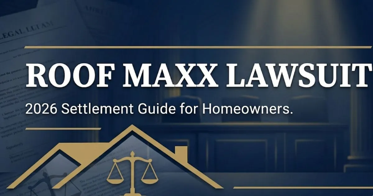 Roof Maxx lawsuit 2026 settlement guide hero banner with legal icons and residential roof silhouette INPUT MAIN KEYWORD {{roof maxx lawsuit}} CLUSTER KEYWORDS {{paste cluster keywords, separ