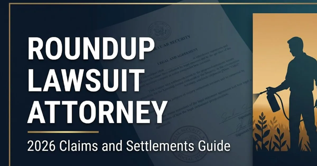 Roundup Lawsuit Attorney 2026 claims and settlements guide banner with silhouette and legal document background