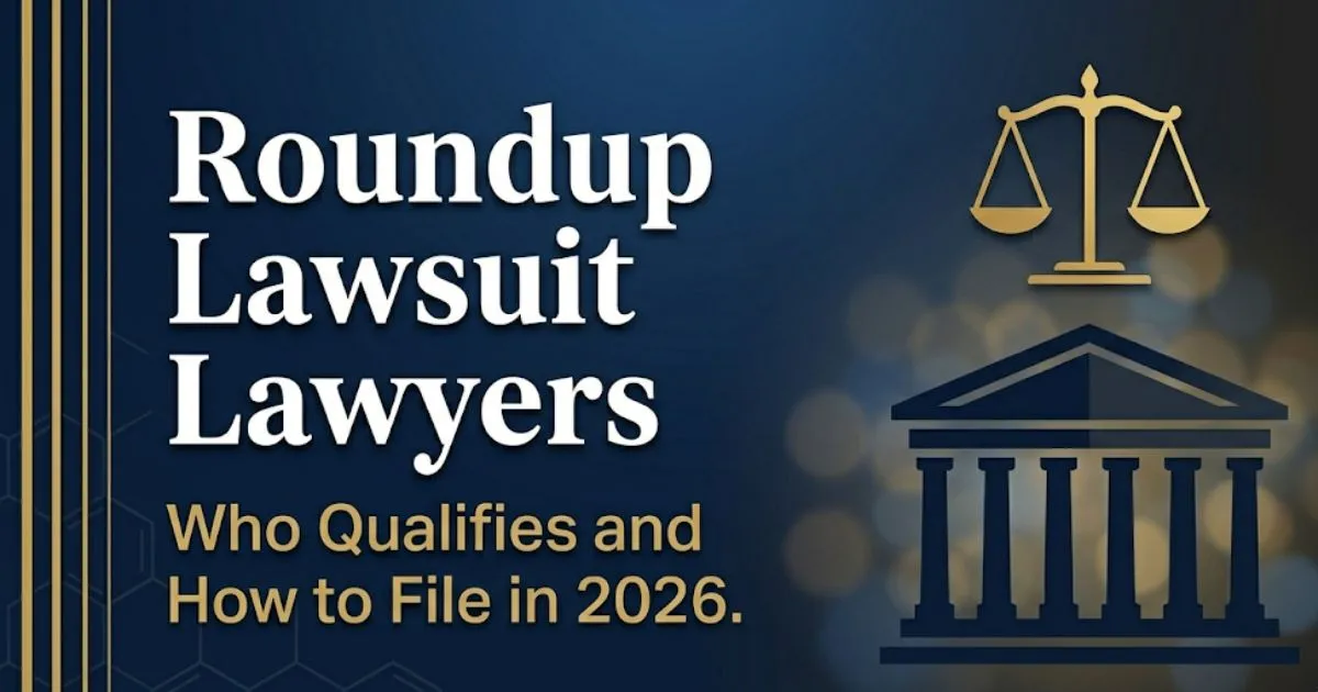 Roundup Lawsuit Lawyers 2026 guide banner showing courthouse silhouette and scales of justice on navy background