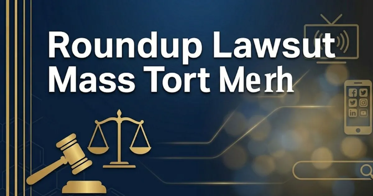Roundup lawsuit mass tort marketing 2026 guide banner with legal and digital marketing icons