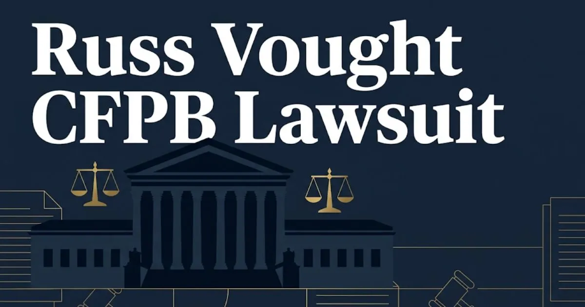 Russ Vought CFPB lawsuit 2026 legal updates banner with courthouse and scales of justice