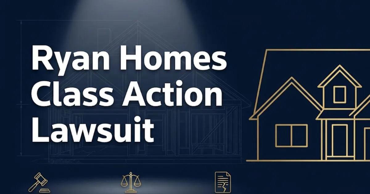 Ryan Homes Class Action Lawsuit 2026 legal guide banner with navy background, gold home silhouette, and gavel icons