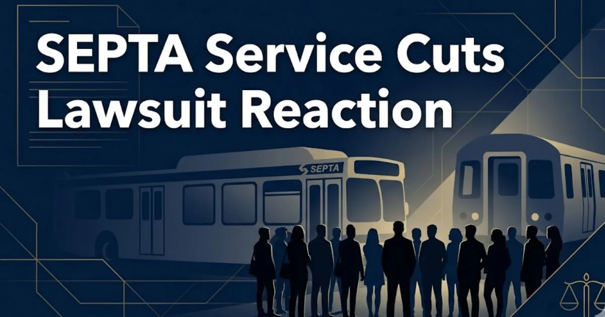 SEPTA service cuts lawsuit reaction 2026 editorial banner showing transit silhouettes and legal themes in navy and gold